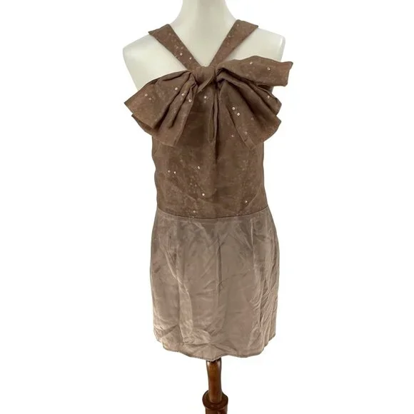 Sheri Bodell Womens M Brown Silk Bow Sequin Halter Dress, M - Picture 1 of 11